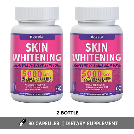 Two bottles of Biosela Skin Whitening dietary supplements on a white background