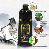 Black hair dye shampoo bottle with herbal extracts illustration on a white background