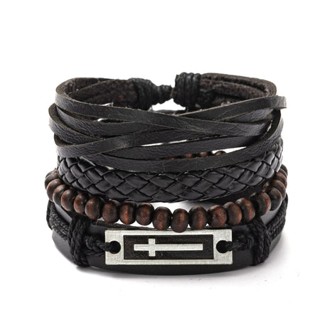 Multi-layered leather bracelet with wooden beads and metal tag on a white background