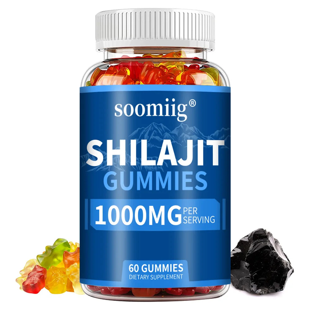 Soomiig Shilajit Gummies 1000MG bottle with gummy bears and black stone on a white background