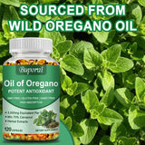 Buporai Oil of Oregano supplement bottle with oregano leaves in the background
