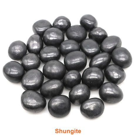 Shungite stones on a white background with 'Shungite' label.