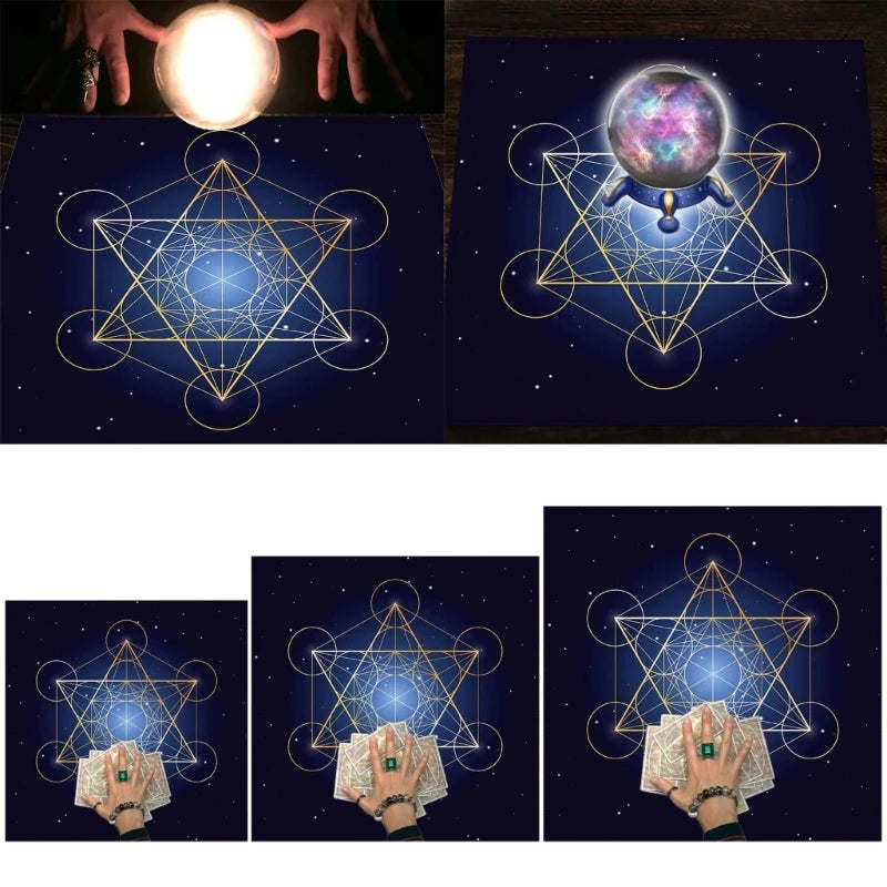 Collage of images featuring a crystal ball, geometric symbols, and hands with emeralds on a dark background.