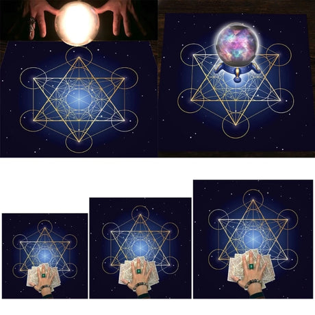 Collage of images featuring a crystal ball, geometric symbols, and hands with emeralds on a dark background.