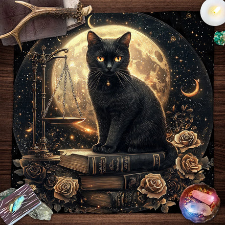 Black cat on books with a moon and scales in the background
