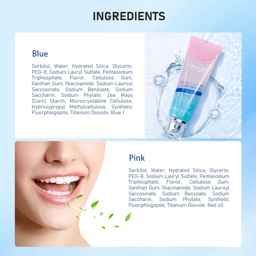 Product packaging with blue and pink color options and ingredient lists on a light blue background.