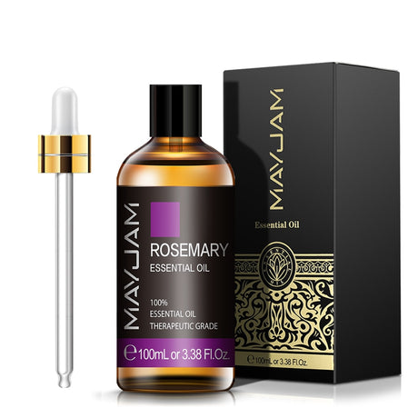 MayJam Rosemary Essential Oil bottle with dropper and packaging on a white background
