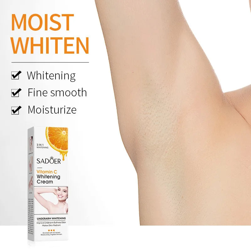 Sadero Vitamin C Whitening Cream packaging with a person's leg showing smooth skin.