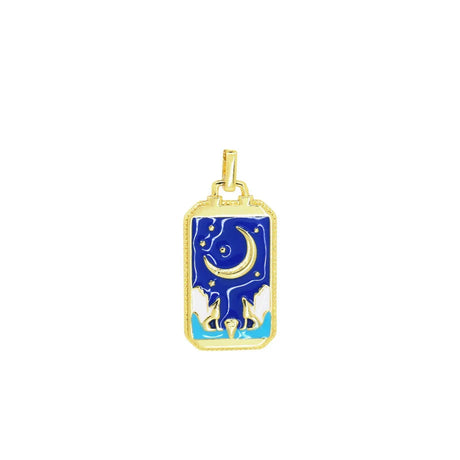 Gold pendant with blue enamel design on a white background
