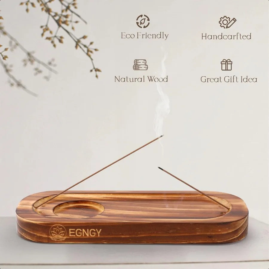 Wooden incense burner with incense sticks on a light background, featuring 'EGNGY' branding.