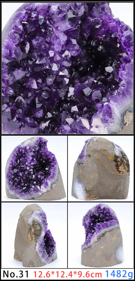 Collage of purple crystal geode with different angles and a weight label.
