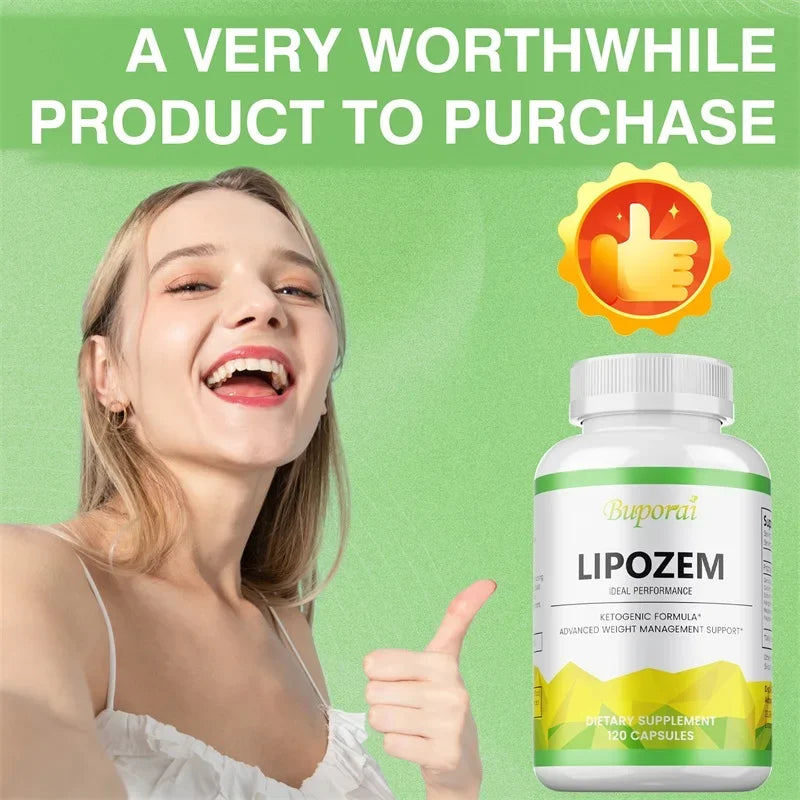 Woman giving a thumbs up next to a bottle of Lipozem dietary supplement on a green background with text 'A Very Worthwhile Product to Purchase'.