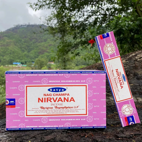 Satya Nirvana incense packaging on a natural background