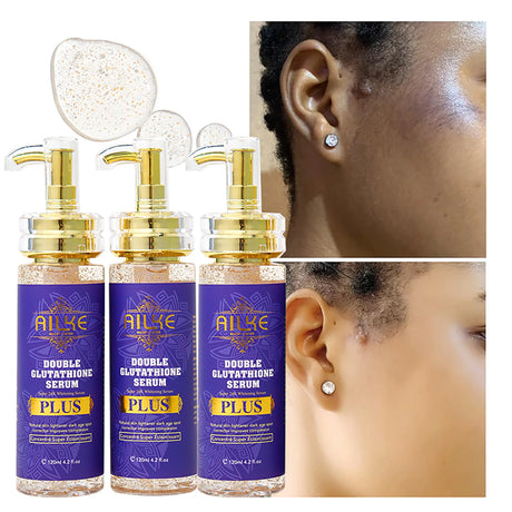 Three bottles of AILYE Double Glutathione Serum Plus with close-up shots of ear hair removal.