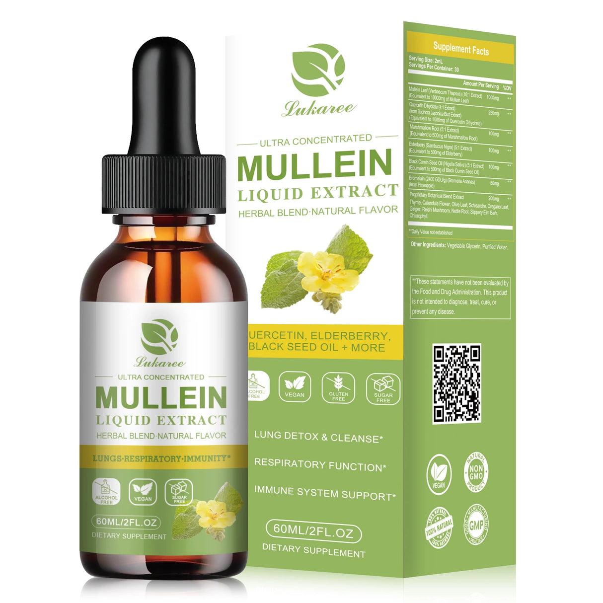 Bottle and packaging of Lukaree Mullein Liquid Extract on a white background