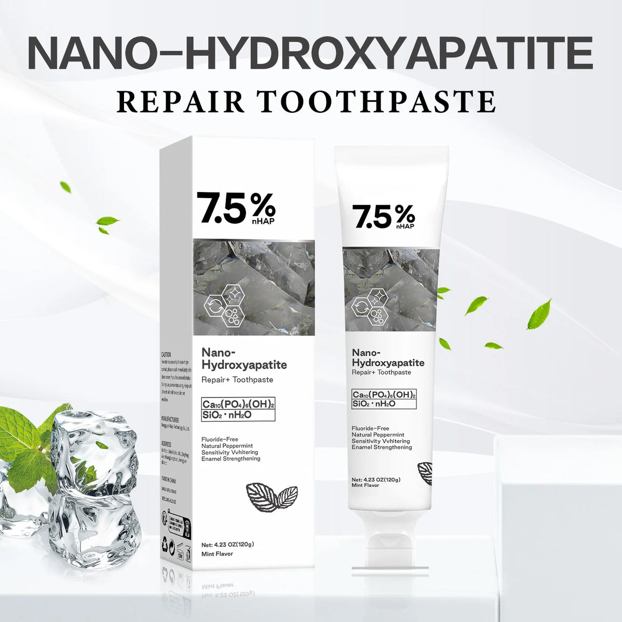 Nano-Hydroxyapatite repair toothpaste packaging with toothpaste tube and box on a white background