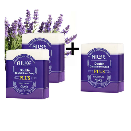 Three bars of AILYE Double Glutathione Soap PLUS with lavender flowers in the background.