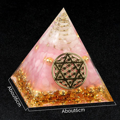 Pyramid-shaped object with a geometric design on a black background