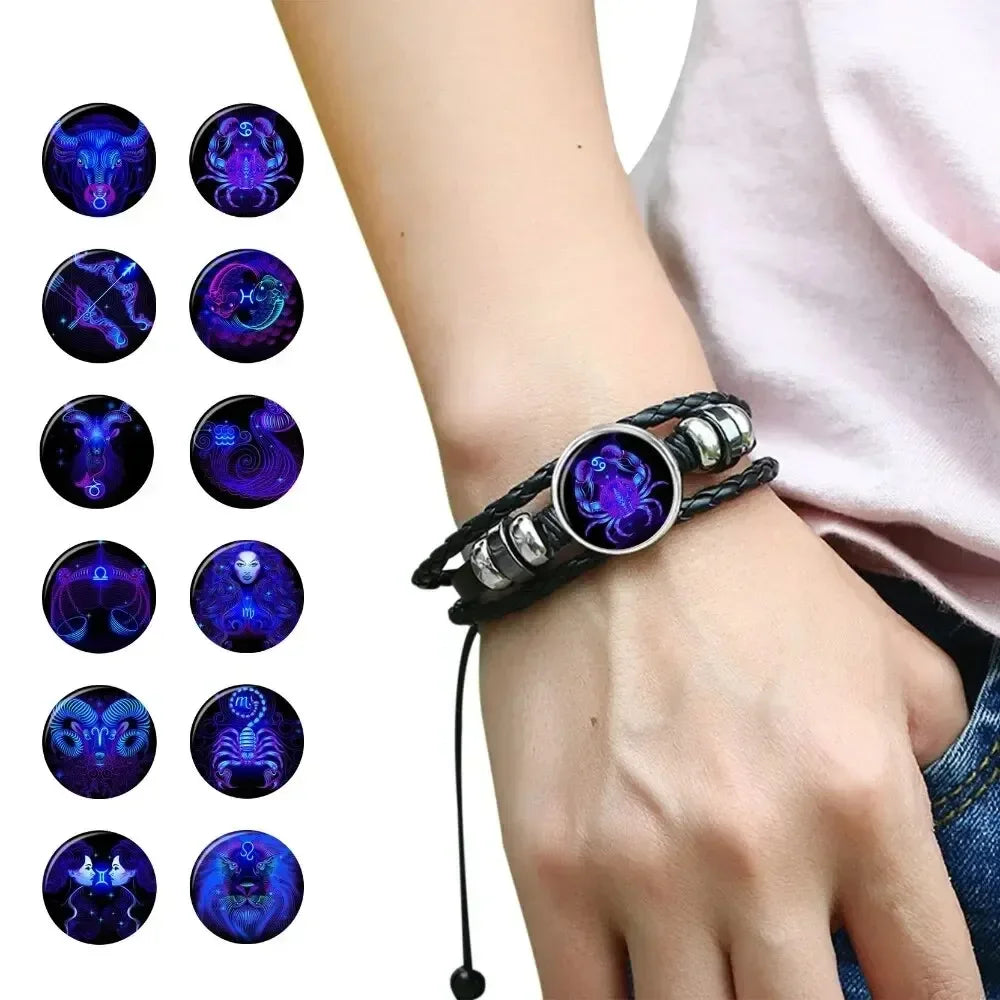 Bracelet with zodiac sign charm on wrist, surrounded by zodiac symbol icons.