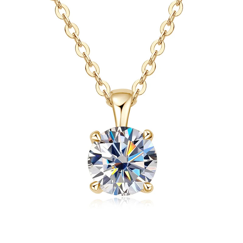 Gold necklace with a round diamond pendant on a white background