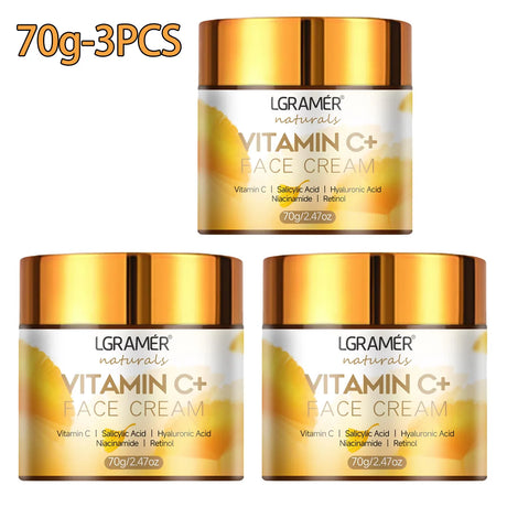Three jars of LGRäMER Vitamin C+ Face Cream on a white background