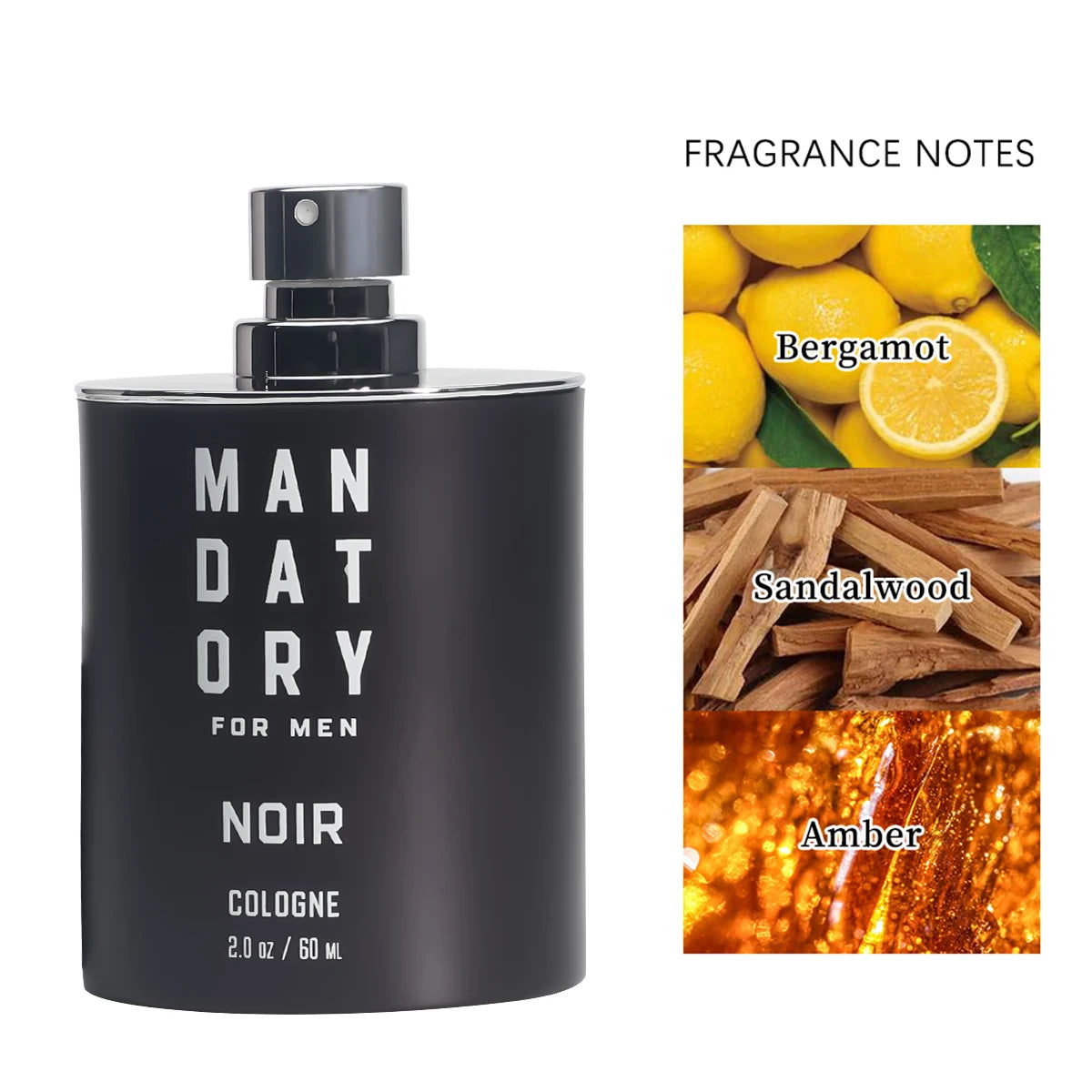 Black cologne bottle labeled 'Mandatory for Men Noir' with fragrance notes displayed.