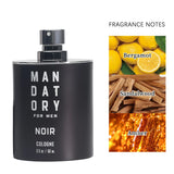 Black cologne bottle labeled 'Mandatory for Men Noir' with fragrance notes displayed.