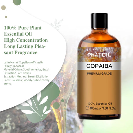 Copaiba essential oil bottle with label on a white background