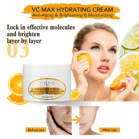 Advertisement for VC Max Hydrating Cream with a woman holding oranges and before/after usage comparison.