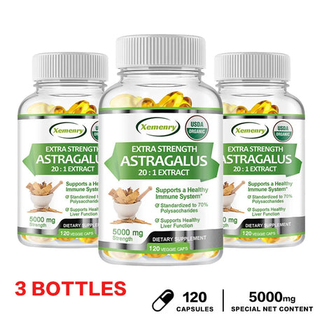 Three bottles of Xemenry Extra Strength Astragalus dietary supplements on a white background