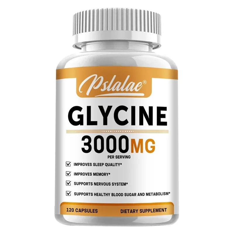 Supplement bottle labeled 'Glycine 3000MG' by Pslalae on a white background