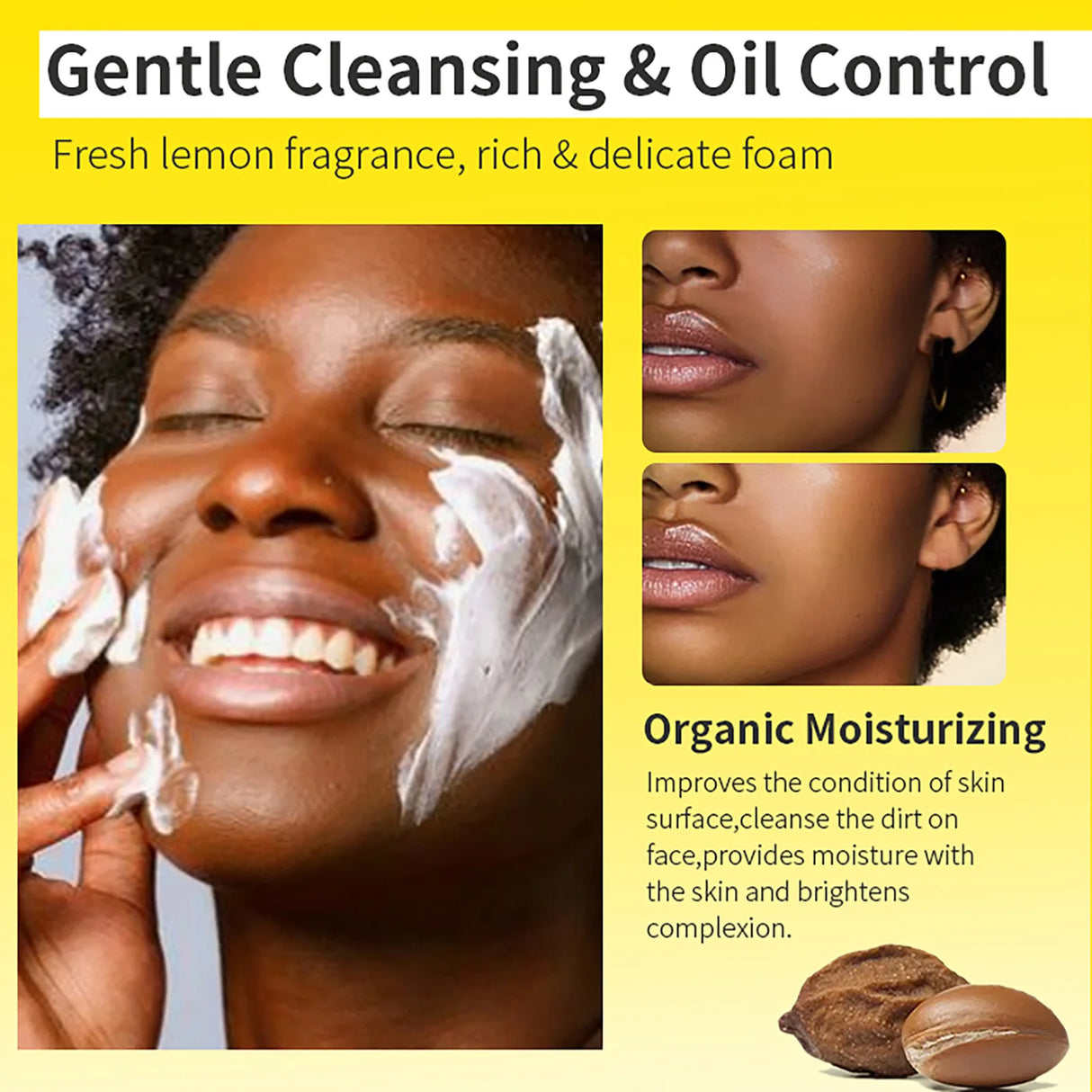 Advertisement for facial cleansing product with a woman applying cream, text about benefits, and images of nuts.