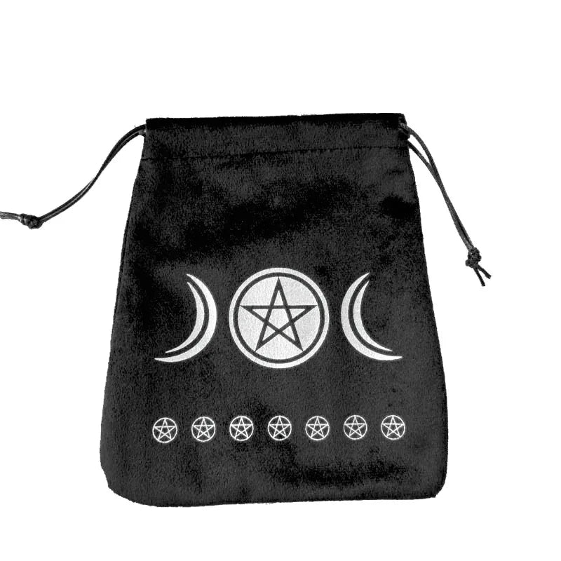 Black drawstring bag with white symbols on a white background