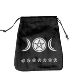 Black drawstring bag with white symbols on a white background