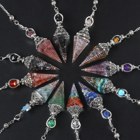 Necklace with multicolored gemstone pendants on a black background