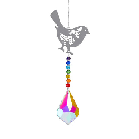 Decorative hanging ornament with a bird silhouette and colorful beads on a white background