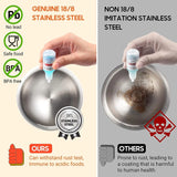 Comparison of genuine 18/8 stainless steel and non-18/8 imitation stainless steel in a bowl with safety icons.