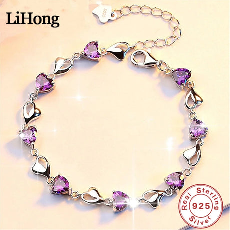 Silver bracelet with purple heart-shaped stones on a beige background, featuring the LiHong brand.