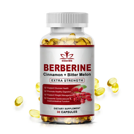 Bottle of Berberine dietary supplement with capsules on a white background