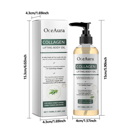 OceAura Collagen Lifting Body Oil with packaging dimensions on a white background