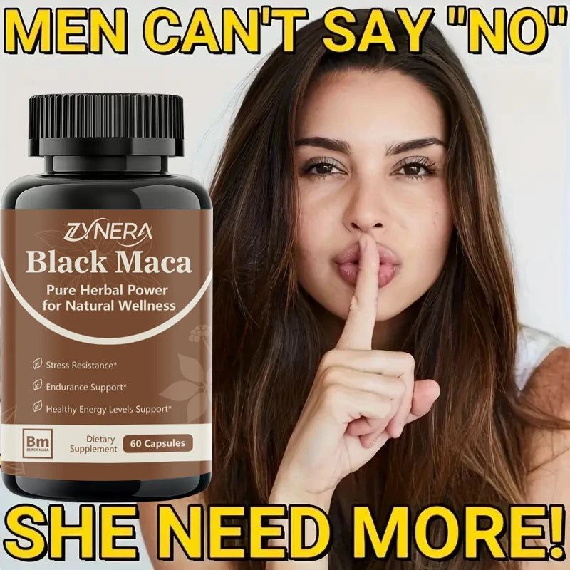 Zynera Black Maca supplement bottle with a woman making a 'shh' gesture, text 'Men can't say no, she needs more'.