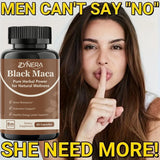 Zynera Black Maca supplement bottle with a woman making a 'shh' gesture, text 'Men can't say no, she needs more'.