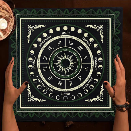 Decorative mat with astrological symbols and text held by two hands on a wooden surface.