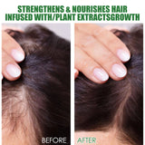 Before and after comparison of hair treatment with text indicating strength and nourishment.