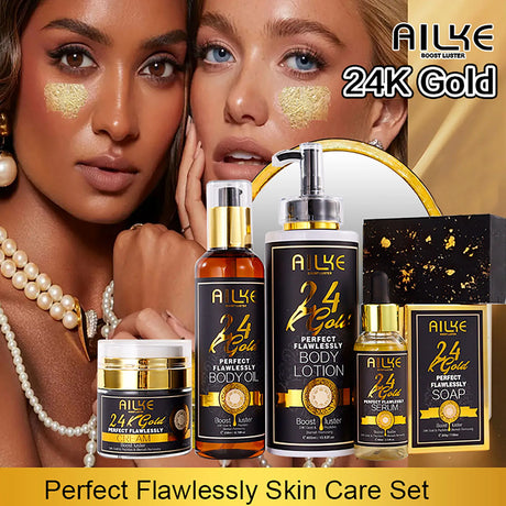 AILEYE 24K Gold skincare and body care products with two models wearing gold face masks.