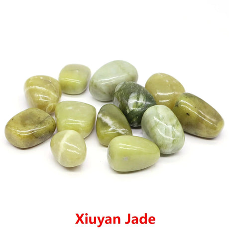 Collection of green jade stones on a white background with 'Xiuyan Jade' text.