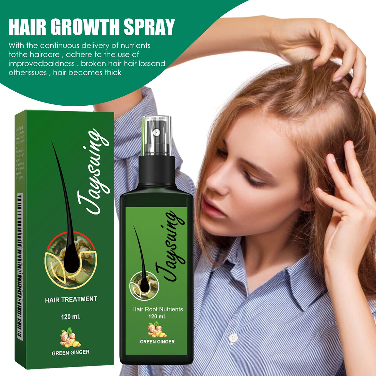 Hair growth spray with packaging and a woman examining her hair
