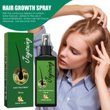 Hair growth spray with packaging and a woman examining her hair