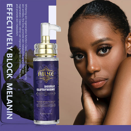 Skincare product with AILKE branding next to a woman with dark skin and braided hair.