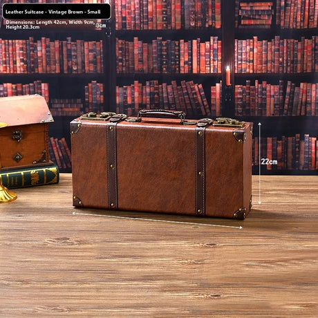 Vintage brown suitcase on a wooden surface with a bookshelf background